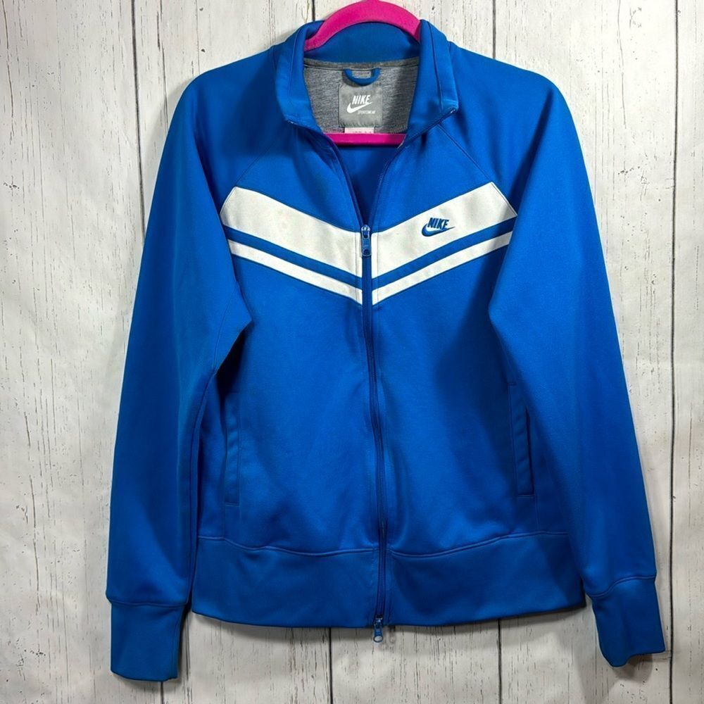 Nike Womens Vintage Retro Full Zip Track Athletic Gym Pockets Blue White Jacket